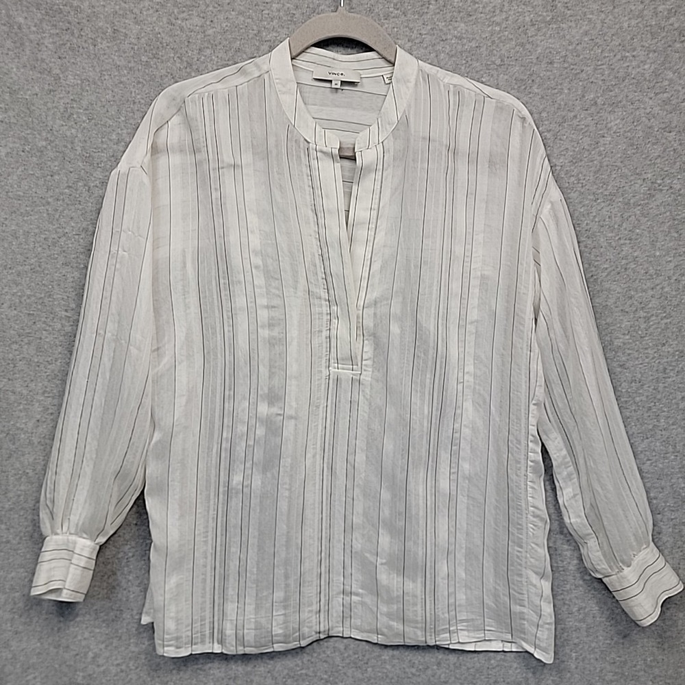 VINCE Striped‎ Popover Blouse XS White Black Sheer Band Collar Long Sleeve Top